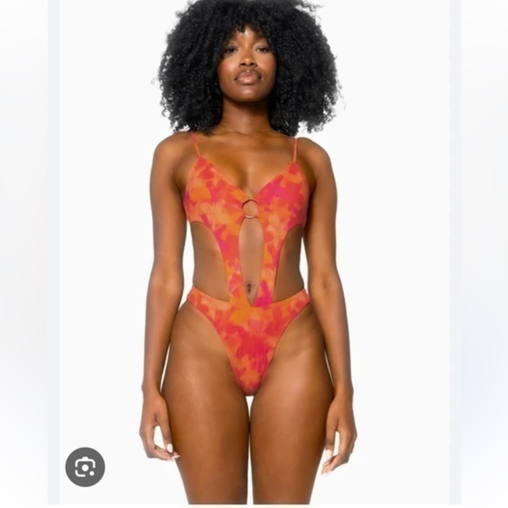 New 437 Four Three Seven The Naomi One Piece Flora Swimsuit Cut Out Orange Red